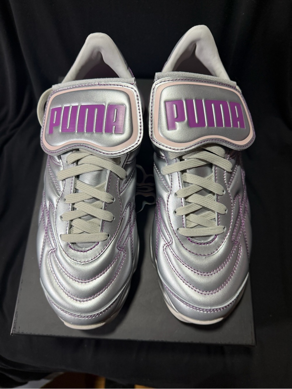 Puma Kids Silver Metallic Sneakers with Purple Logo